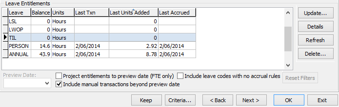 Payroll Maintenance - Leave tab (Leave Entitlements area, cut down)