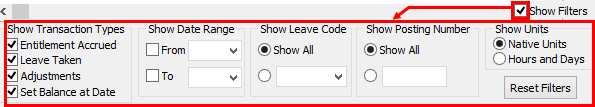 Payroll Maintenance - Leave tab (Show Filters field, cut down)