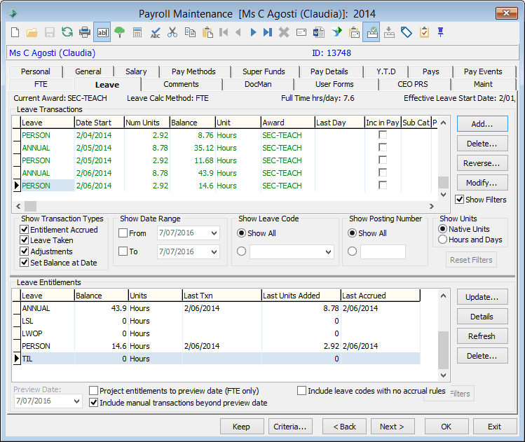 Payroll Maintenance - Leave tab