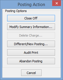 Posting Actions window (Debtor charges entry)