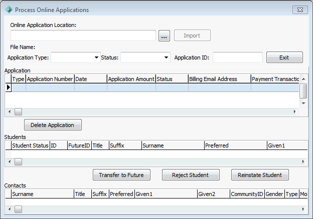Process Online Applications window (wn66)