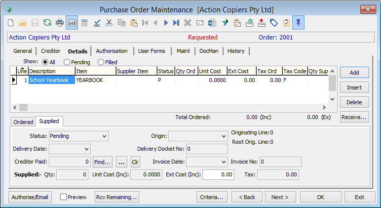 Purchase Order Maintenance - Details tab - Supplied sub-tab