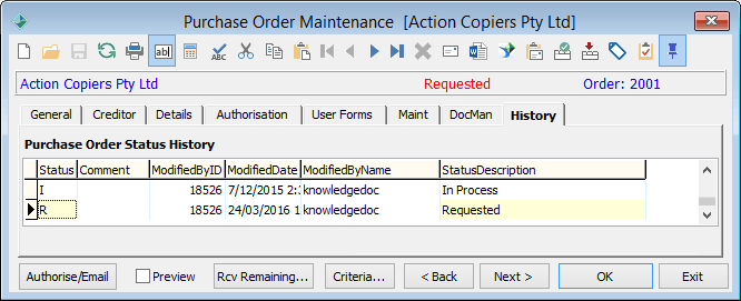 Purchase Order Maintenance - History tab