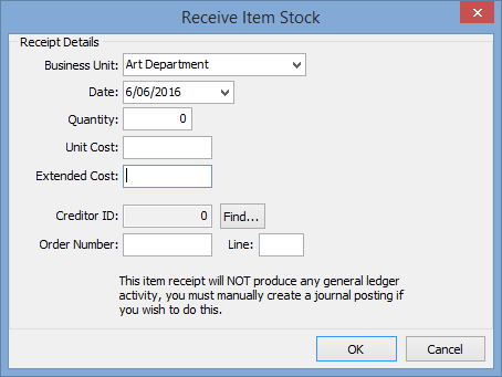 Receive Item Stock window