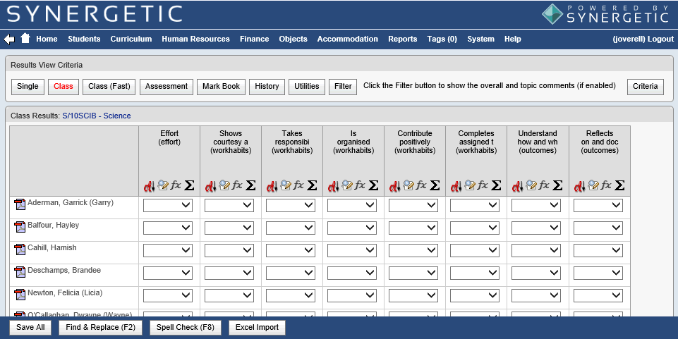 Results Maintenance - All Students tab (synweb but used for Synergetic topic, cut down)