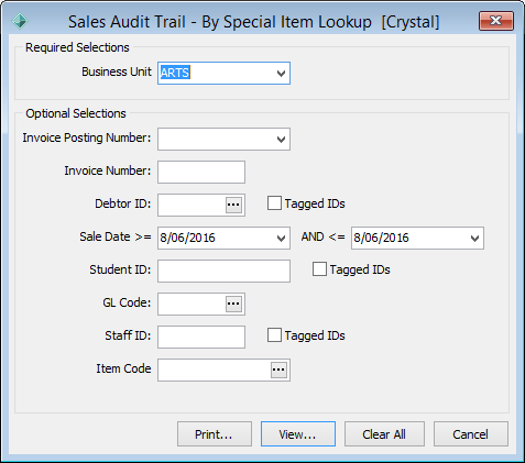 Sales Audit Trail - By Special Item Lookup (report selections)