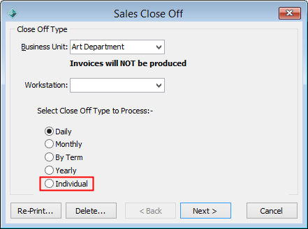 Sales Close Off - Close Off Type window