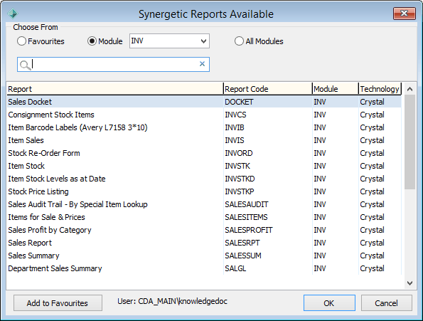 Synergetic Reports Available window - Sales reports