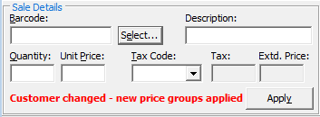 Sales Entry - Sale Details area (customer changed new price groups warning, cut down)
