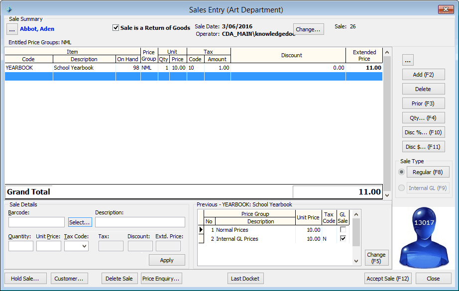 Sales Entry window (returning goods)