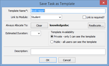 Save Task As Template window (Community Maintenance - Action Centre tab)