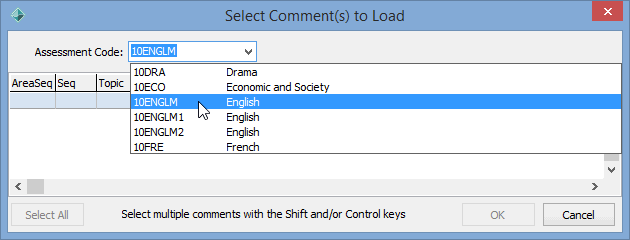 Select Comment(s) to Load window (Assessment Code field)