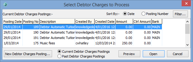 Select Debtor Charges To Process window