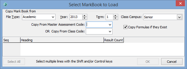 Select MarkBook to Load window n.b. publishing error