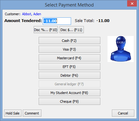 Select Payment method window (returned)