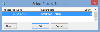 select process number (item stocktake, new or different stocktake)
