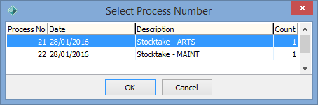 Select Process Number (Reprinting, item stocktake)