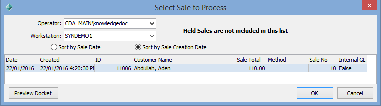 Select Sale to Process window