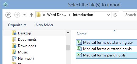 Select the file(s) to import window