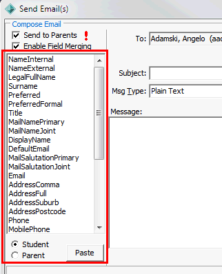 Send Email(s) window (cut down, merge fields highlighted)