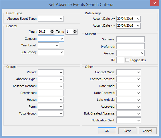 Set Absence Events search Criteria window