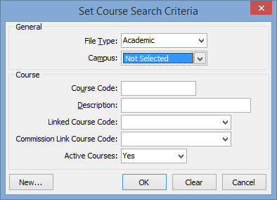 Set Course Search Criteria window