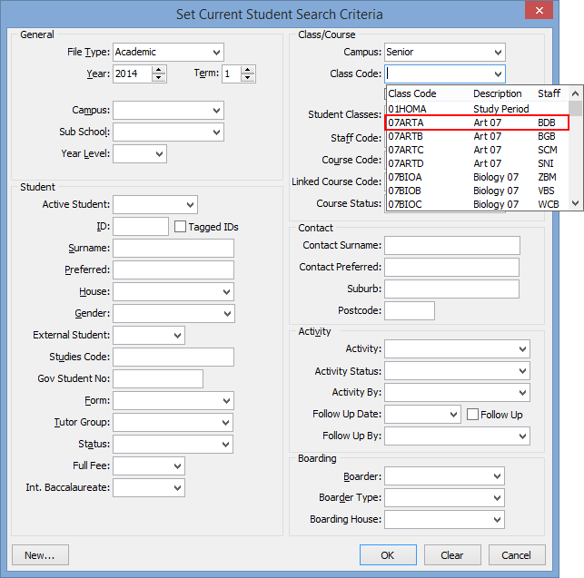Set Current Student Search Criteria window