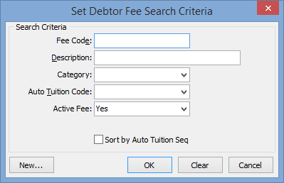 Set Debtor Fee Search Criteria window