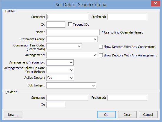 Set Debtor Search Criteria window