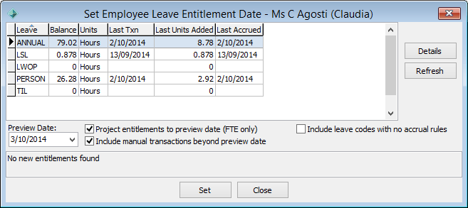Set Employee Leave Entitlement Date window