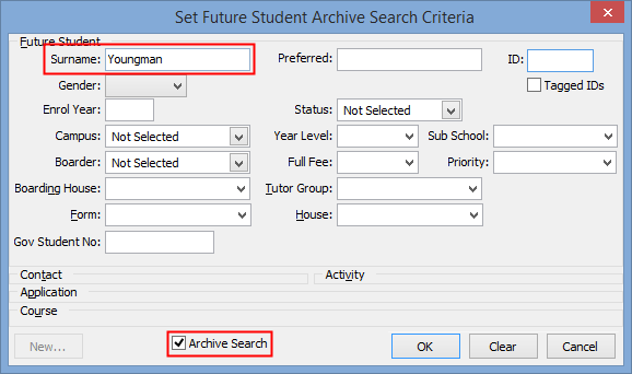 Set Future Student Archive Search Criteria (deferred student)
