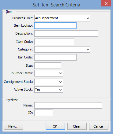 Set Item Search Criteria window