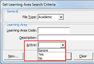 Set Learning Area Search Criteria (Active field highlighted)