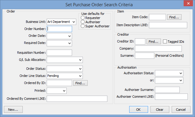 Set Purchase Order Search Criteria window