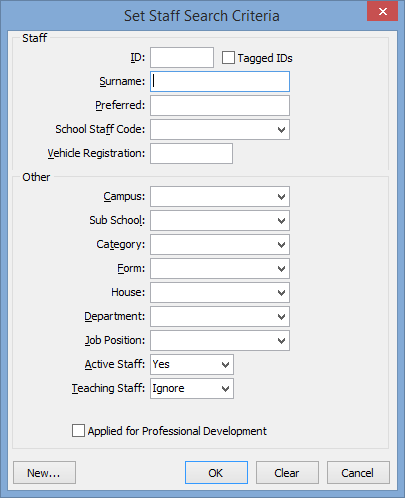 Set Staff Search Criteria window