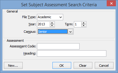 Set Subject Assessment Search Criteria window