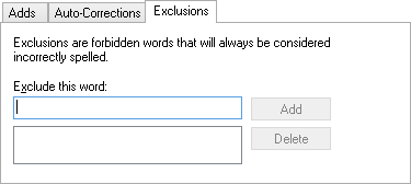 Spelling Options - Custom Dictionary tab - Exclusions sub-tab
