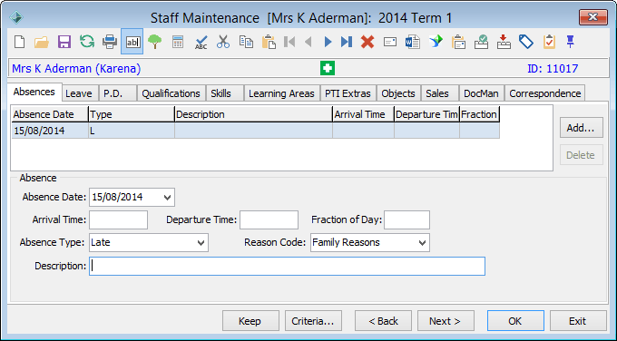 Staff Maintenance - Absences tab