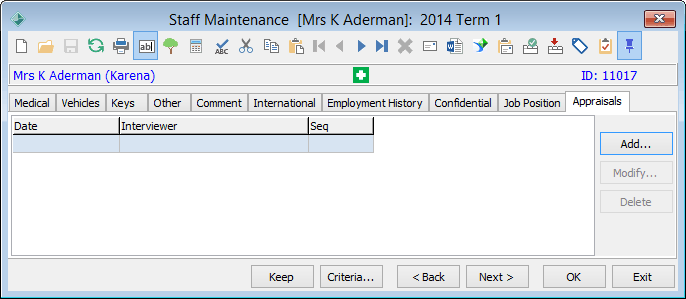 Staff Maintenance - Appraisals tab