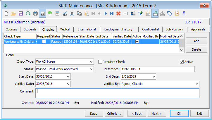Staff Maintenance - Checks tab