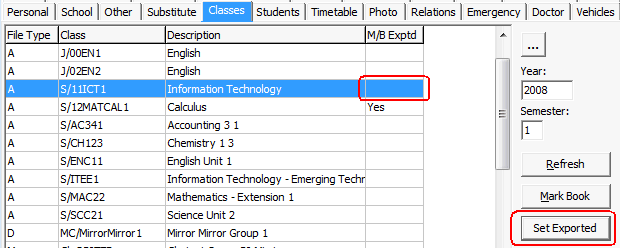 Staff Maintenance - Classes tab (cut down)