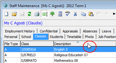 Staff Maintenance - Classes tab (sorting grids example)