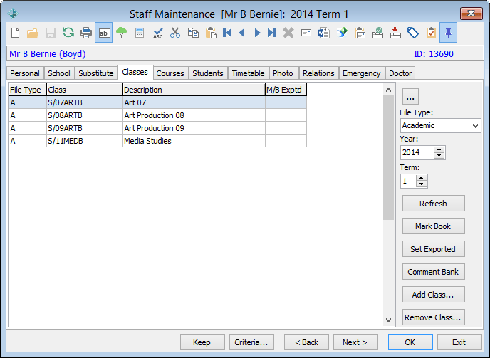 Staff Maintenance - Classes tab