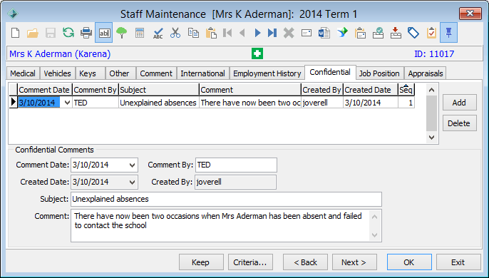 Staff Maintenance - Confidential tab