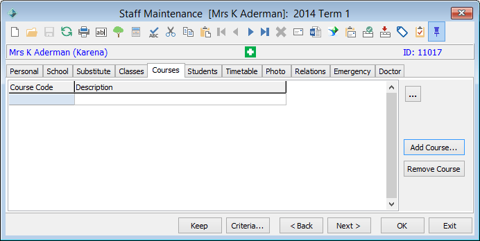 Staff Maintenance - Courses tab