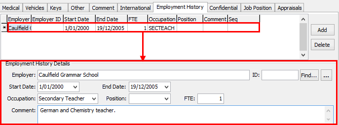 Staff Maintenance - Employment History tab (cut down)