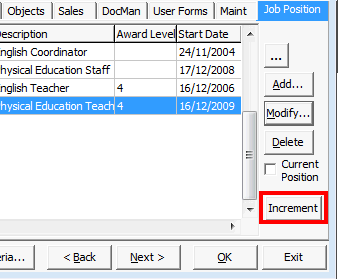 Staff Maintenance - Job Position tab (cut down, Increment highlighted)