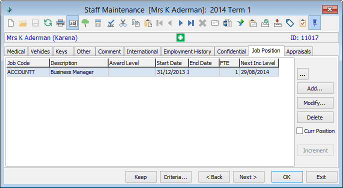 Staff Maintenance - Job Position tab