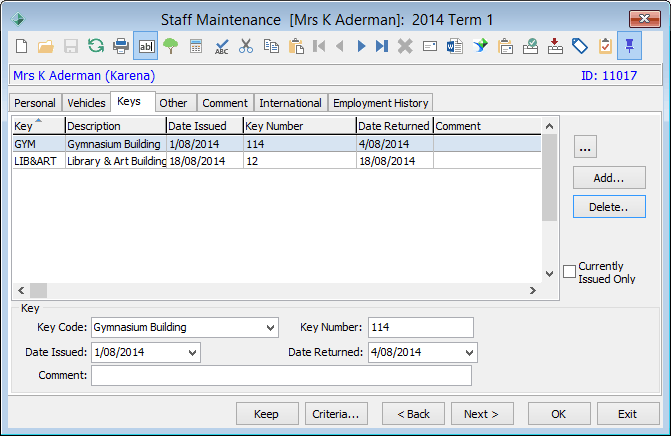 Staff Maintenance - Keys tab