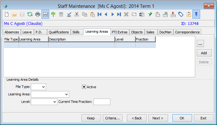Staff Maintenance - Learning Areas tab